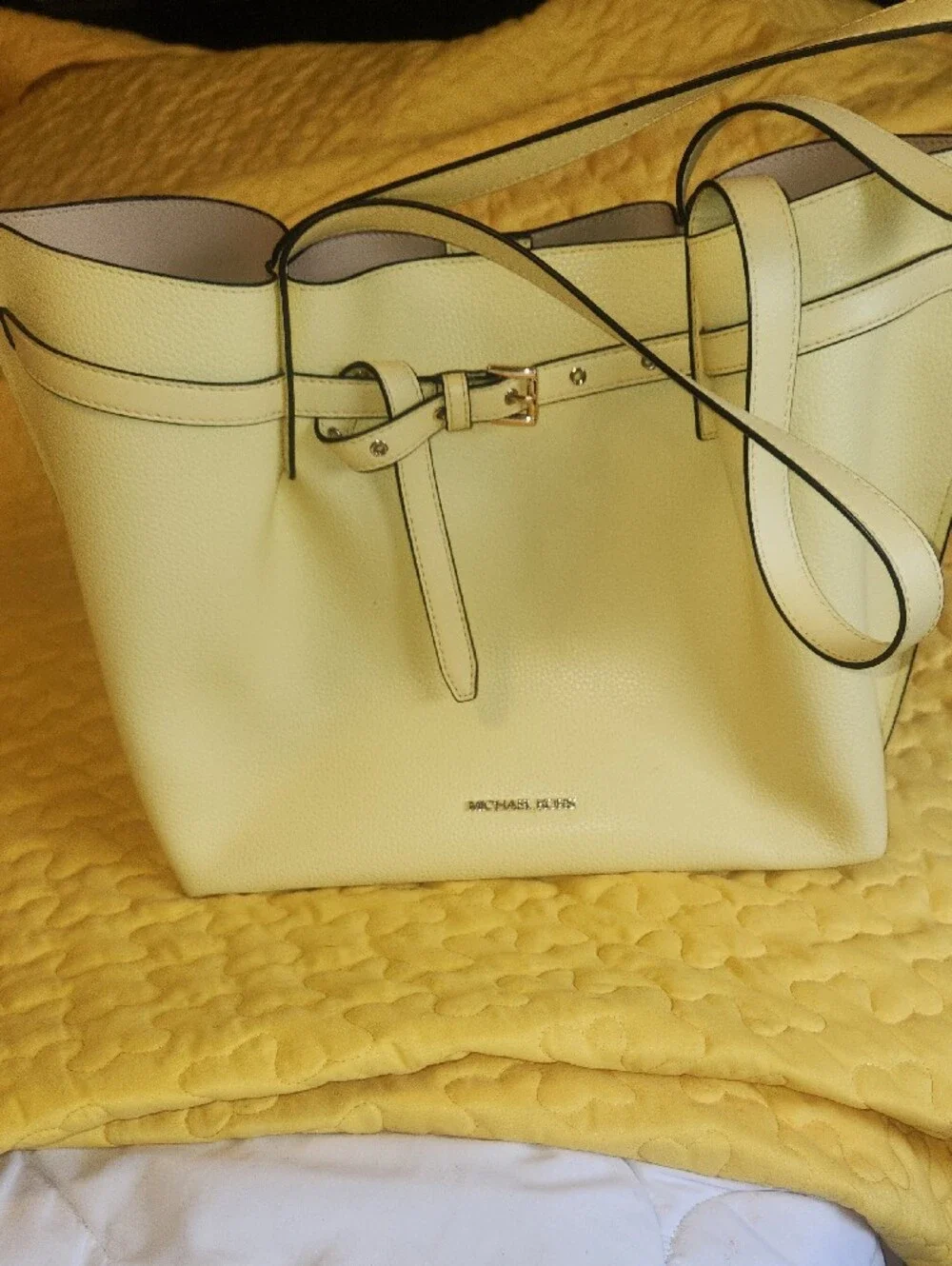 Michael Kors Light Yellow Pebbled Leather Tote with Gold Hardware